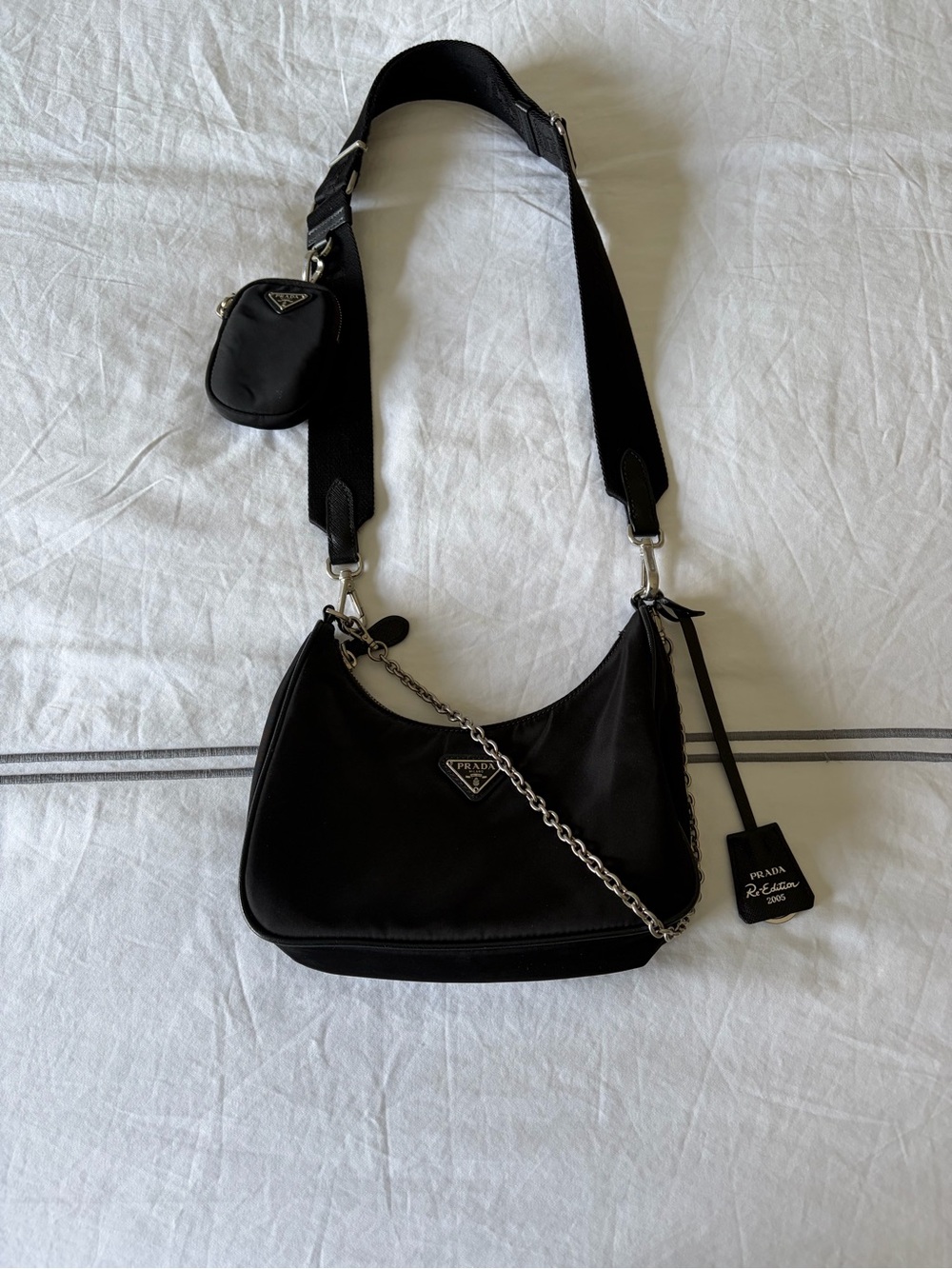 Prada Black Nylon Shoulder Bag with Chain and Strap Pouch